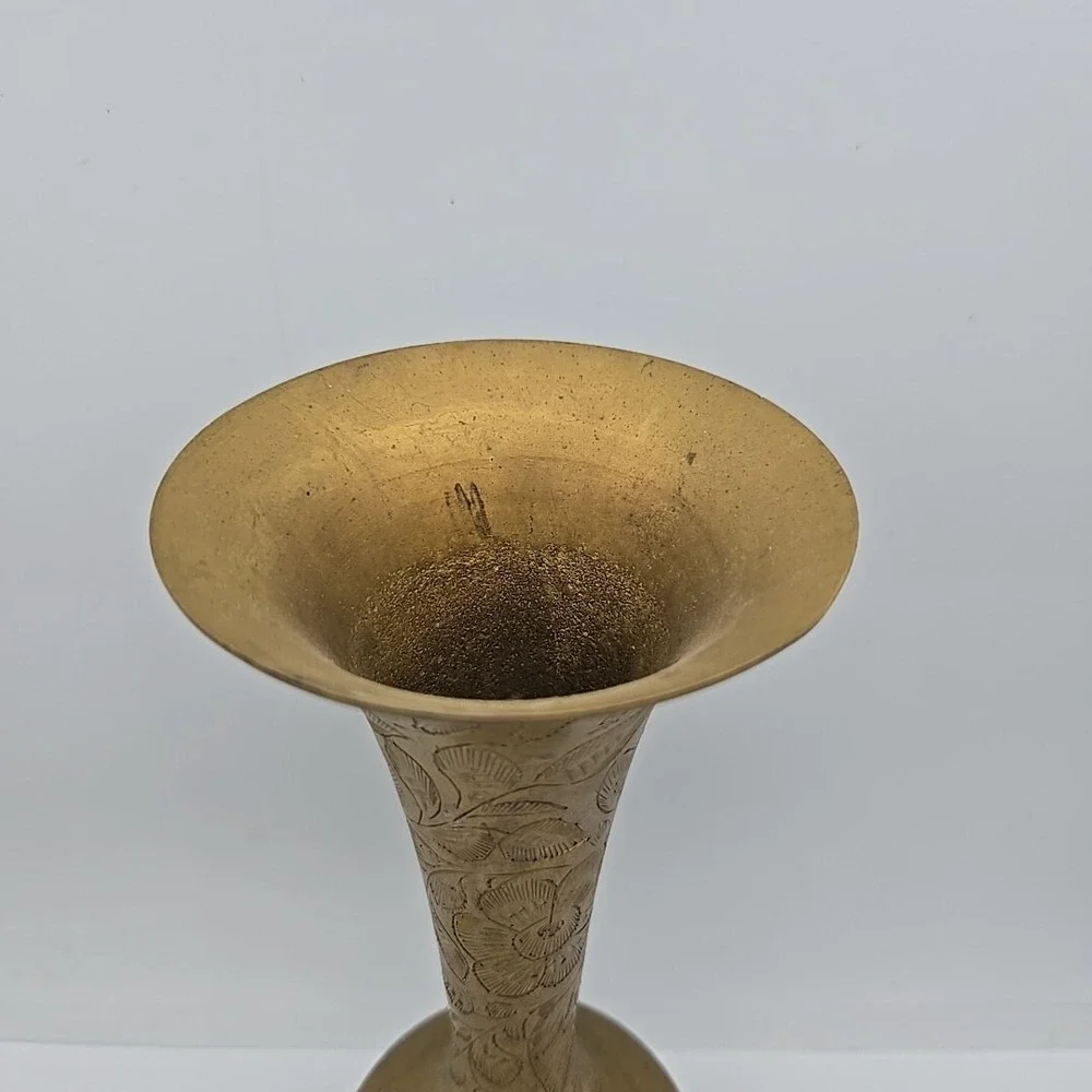 Vintage‎ Brass Etched Engraved Floral Vase Made in India 9.75